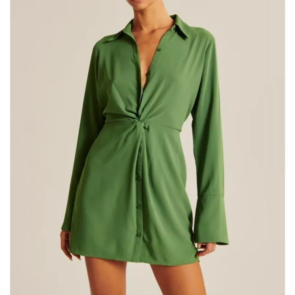 Abercrombie & Fitch Twist Shirt Dress XL Long Sleeve Collared Green Mini Preppy